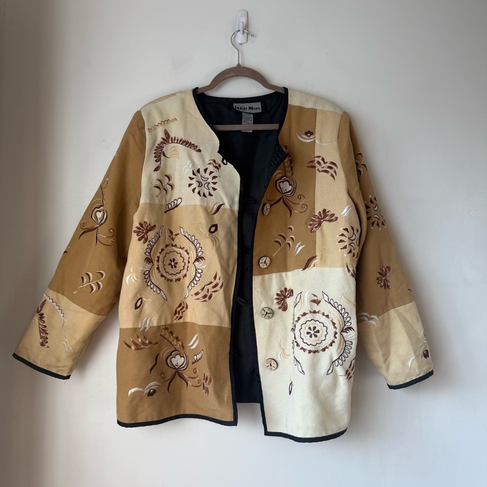 Vintage 90s Indigo Moon Tan Brown Beige Patchwork Embroidered Jacket L